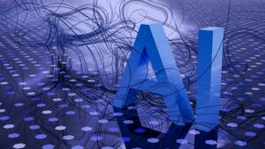 青いネットワーク基盤上に浮かぶAIの3D文字